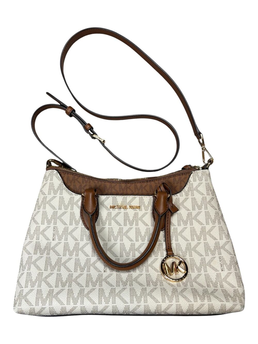 Michael Kors Austen Satchel Handbag Small Signature Logo Print Vanilla Brown